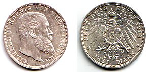 Württemberg - J 175 - 1912 F - Wilhelm II. (1891 - 1918) - 3 Mark - prägefrisch