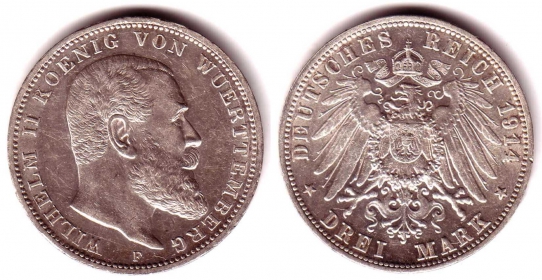 Württemberg - J 175 - 1914 F - Wilhelm II. (1891 - 1918) - 3 Mark - vz-st