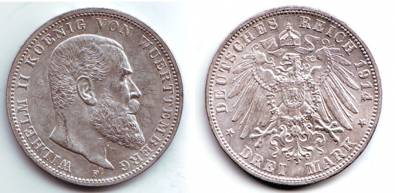 Württemberg - J 175 - 1914 F - Wilhelm II. (1891 - 1918) - 3 Mark - vz-st