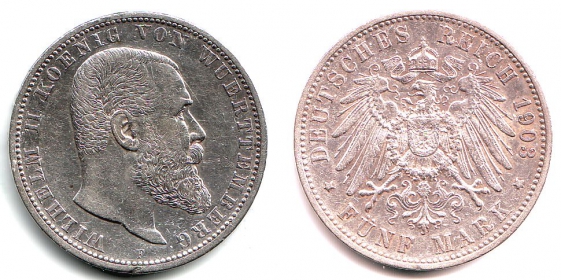 Württemberg - J 176 - 1903 F - Wilhelm II. (1891 - 1918) - 5 Mark - ss- RF