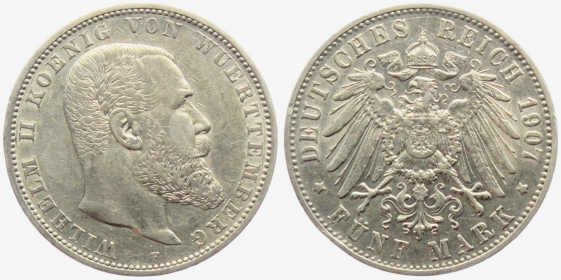 Württemberg - J 176 - 1907 F - Wilhelm II. (1891 - 1918) - 5 Mark - vz