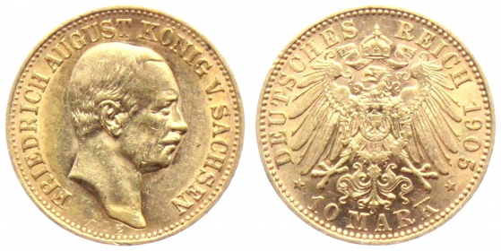 Sachsen - J 267 - 1905 E - Friedrich August III. (1904 - 1918) - 10 Mark - vz min. RF