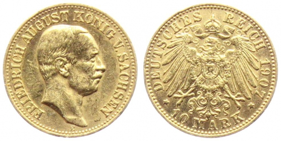 Sachsen - J 267 - 1907 E - Friedrich August III. (1904 - 1918) - 10 Mark - vz min. Kr.