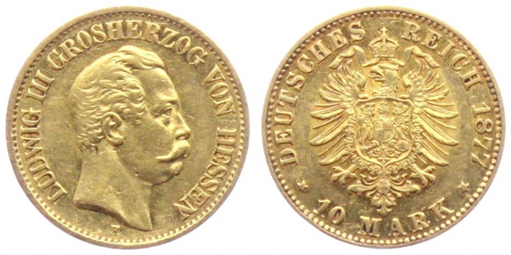 Hessen - J 216 - 1877 H - Ludwig III. (1848 - 1877) - 10 Mark vz+