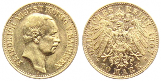 Sachsen - J 267 - 1907 E - Friedrich August III. (1904 - 1918) - 10 Mark - vz min. RF