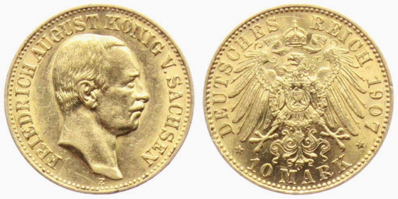 Sachsen - J 267 - 1907 E - Friedrich August III. (1904 - 1918) - 10 Mark - vz