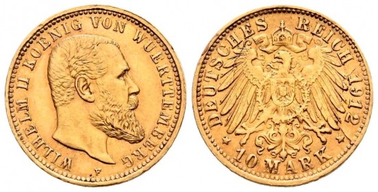 Württemberg - J 295 - 1912 F - Wilhelm II. (1891 - 1918) - 10 Mark - f.vz - SF