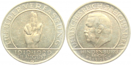 Weimarer Republik - J 340 - 1929 G - Schwurhand - 3 Reichsmark - vz