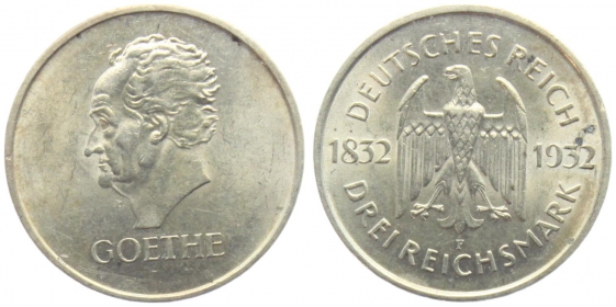 Weimarer Republik - J 350 - 1932 F - Goethe - 3 Reichsmark - f.st