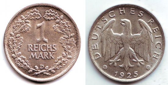 Weimarer Republik - J 319 - 1925 D - 1 Reichsmark - f.st