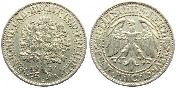 Weimarer Republik - J 331 - 1932 E - Eichbaum - 5 Reichsmark - vz
