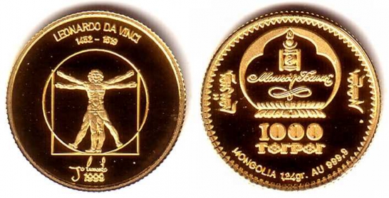 Mongolei - 1999 - Leonardo da Vinci - Der Mensch - 1000 Tögrög - 1/25 Unze - PP