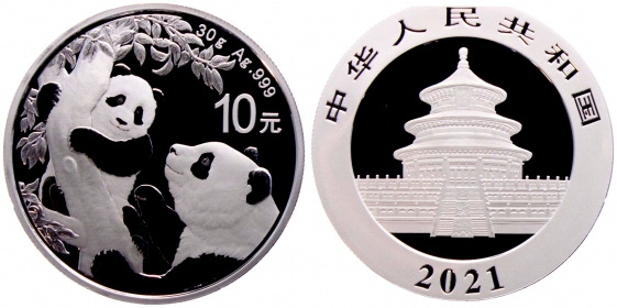 China - 2021 - Panda mit Jungtier - 10 Yuan - st