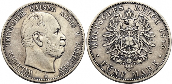 Preussen - J 97 - 1875 A - Wilhelm I. (1861 - 1888) - 5 Mark - ss+