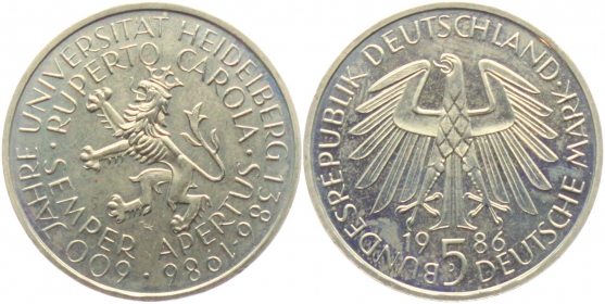 BRD - J 439 - 1986 - Universität Heidelberg - 5 Mark - bankfrisch