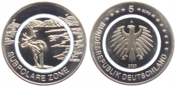 BRD - J 653 - 2020 A - Subpolare Zone - Rentier - aus der Serie Klimazonen der Erde - mit türkisem Polymerring - 5 Euro - bankfrisch