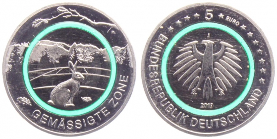 BRD - J 643 - 2019 - Gemäßigte Zone - Hase - aus der Serie Klimazonen der Erde - mit grünem Polymerring - 5 Euro - bankfrisch - Prägebuchstabe unserer Wahl