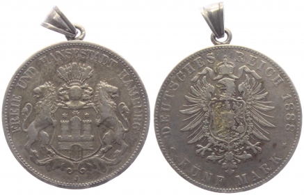 Hamburg - J 62 - 1888 J - Stadtwappen - 5 Mark - ss mit Öse