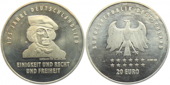 BRD - J 611 - 2016 - Deutschlandlied - August Heinrich Hoffmann von Fallersleben - 20 Euro - bankfrisch