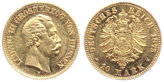 Hessen-Darmstadt - J 216 - 1875 H - Ludwig III. (1848 - 1877) - 10 Mark - vz+