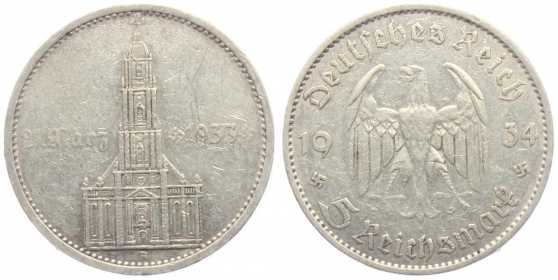 Drittes Reich - J 356 - 1934 A - Garnisonskirche in Potsdam - mit Datum - 5 Reichsmark - ss