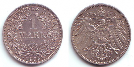 Kaiserreich - J 17 - 1905 E - 1 Mark - großer Adler - gutes vz