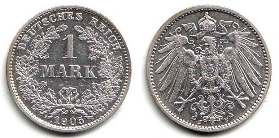 Kaiserreich - J 17 - 1905 E - 1 Mark - großer Adler - vz