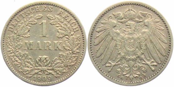 Kaiserreich - J 17 - 1909 G - 1 Mark - großer Adler - vz