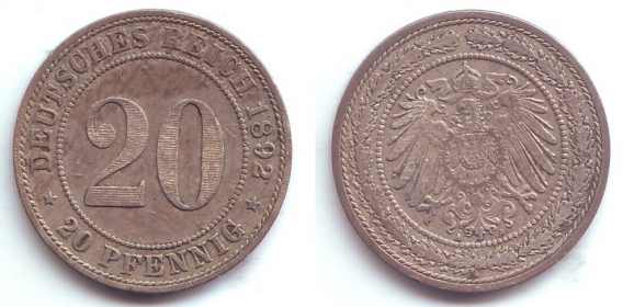 Kaiserreich - J 14 - 1892 A - 20 Pfennig - großer Adler - vz-st