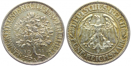 Weimarer Republik - J 331 - 1931 A - Eichbaum - 5 Reichsmark - ss-vz