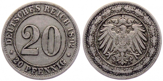 Kaiserreich - J 14 - 1892 D - 20 Pfennig - großer Adler - ss