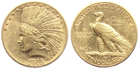 USA - 1915 S  - Indian Head (1908 - 1933) - 10 Dollars - vz min. RF