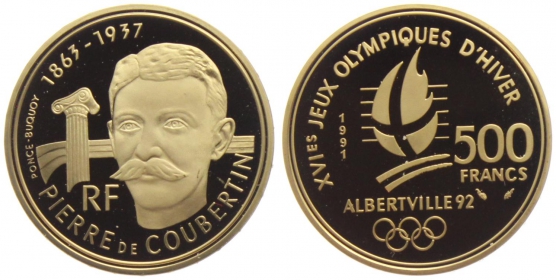Frankreich - 1991 - Pierre de Coubertin - Olympische Spiele 1992 in Albertville - 500 Francs - PP in Box