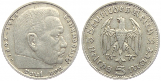 Drittes Reich - J 360 - 1935 D - Hindenburg - mit Reichsadler - 5 Reichsmark - ss+