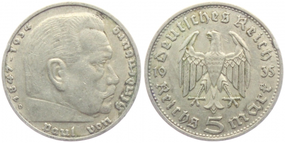 Drittes Reich - J 360 - 1935 D - Hindenburg - mit Reichsadler - 5 Reichsmark - ss+