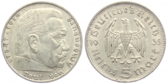 Drittes Reich - J 360 - 1935 F - Hindenburg - mit Reichsadler - 5 Reichsmark - ss+