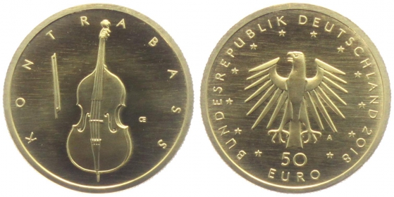 Deutschland - 2018 A - Musikinstrumente - Kontrabass - 50 Euro - 1/4 Unze -  st in Originalbox mit Zertifikat und Umkarton