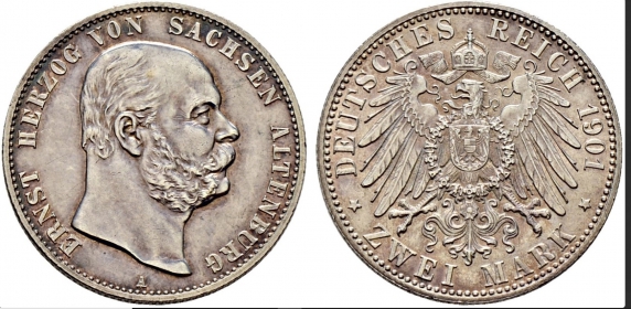 Sachsen-Altenburg - J 142 - 1901 A - Herzog Ernst (1853-1908) - zum 75. Geburtstag - 2 Mark - vz-st