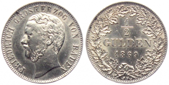 Baden - 1869 - Friedrich I. (1852-1907) - 1/2 Gulden - f.st