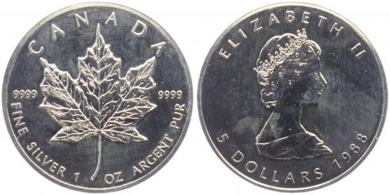 Kanada - 1988 - Maple Leaf - 1 Unze - 5 Dollars - unc fleckig
