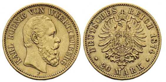 Württemberg - J 293 - 1874 F - König Karl (1864-1891) - 20 Mark - vz