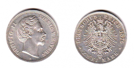 Bayern - J 41 - 1876 D - Ludwig II. (1864-1886) - 2 Mark - f.st