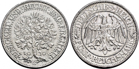 Weimarer Republik - J 331 - 1930 G - Eichbaum - 5 Reichsmark - vz+ - AU 55