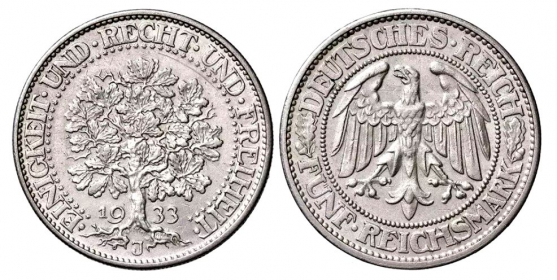 Weimarer Republik - J 331 - 1933 J - Eichbaum - 5 Reichsmark - vz+