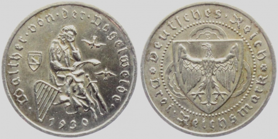Weimarer Republik - J 344 - Walther von der Vogelweide - 3 Reichsmark - f.vz