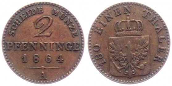 Preussen - 1864 A - Kaiser Wilhelm I. (1861-1888) - 2 Pfennig - f.st