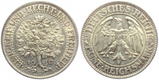 Weimarer Republik - J 331 - 1930 F - Eichbaum - 5 Reichsmark - vz