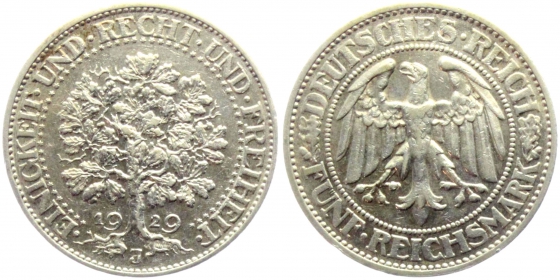 Weimarer Republik - J 331 - 1929 J - Eichbaum - 5 Reichsmark - vz+