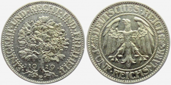 Weimarer Republik - J 331 - 1929 E - Eichbaum - 5 Reichsmark - vz