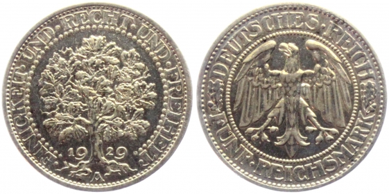 Weimarer Republik - J 331 - 1929 A - Eichbaum - 5 Reichsmark - vz